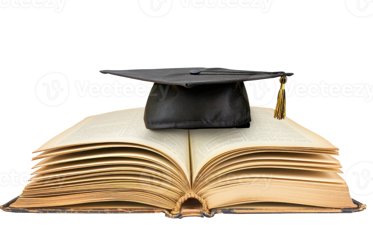 Graduation cap on an open book symbolizing education, learning, and academic achievement. Perfect for themes of study and scholarship. png