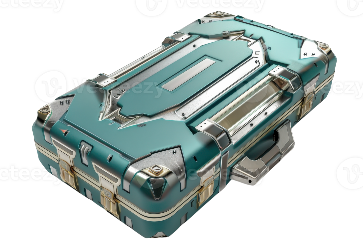 Futuristic metallic suitcase with advanced design, perfect for sci-fi and technology themes. Detailed metallic textures and teal-blue color. png