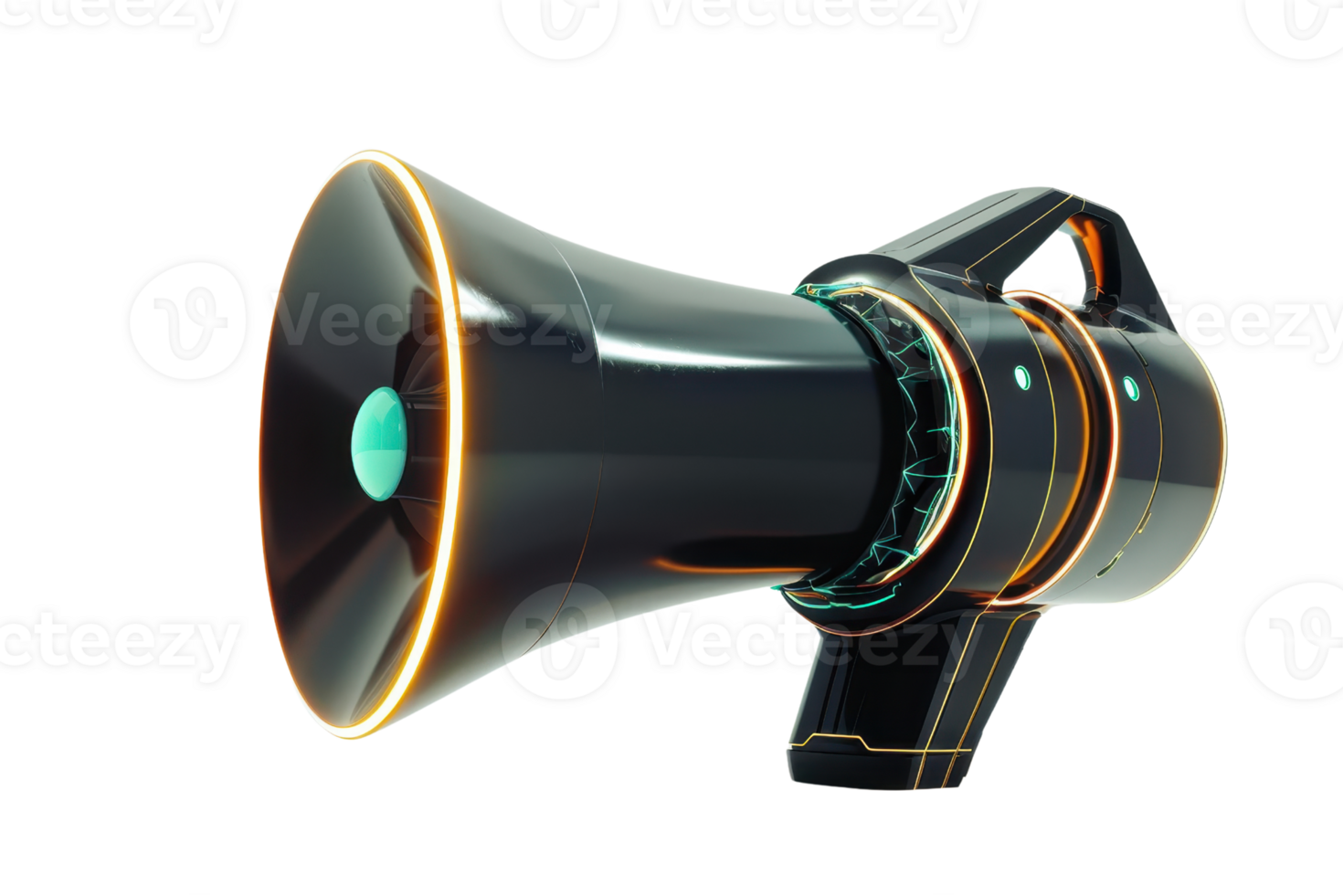 Futuristic high-tech megaphone with sleek design, glowing lights, and modern aesthetics, ideal for announcements and communication illustrations. png