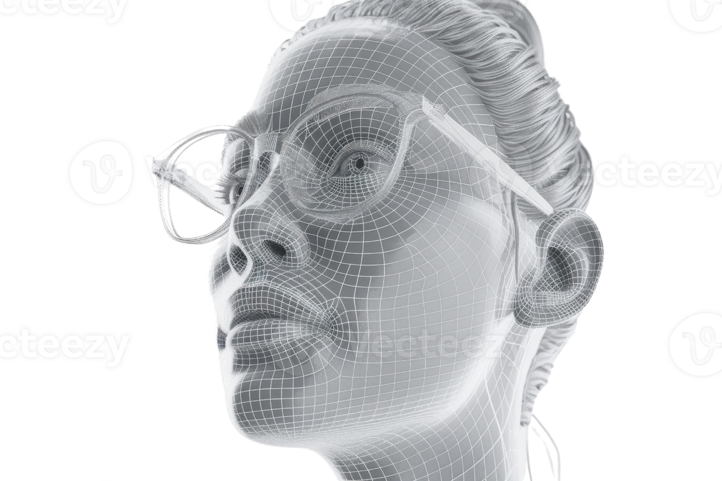 High-tech wireframe model of a person wearing glasses, representing virtual reality and digital innovation. Perfect for technology themes. png