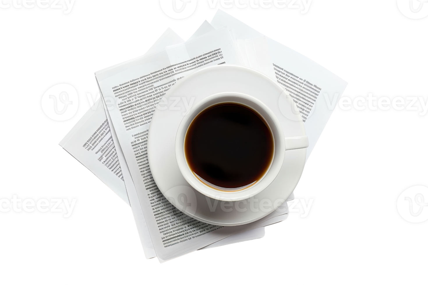 A cup of black coffee placed on top of stacked documents, representing work, refreshment, and productivity in an office setting. png
