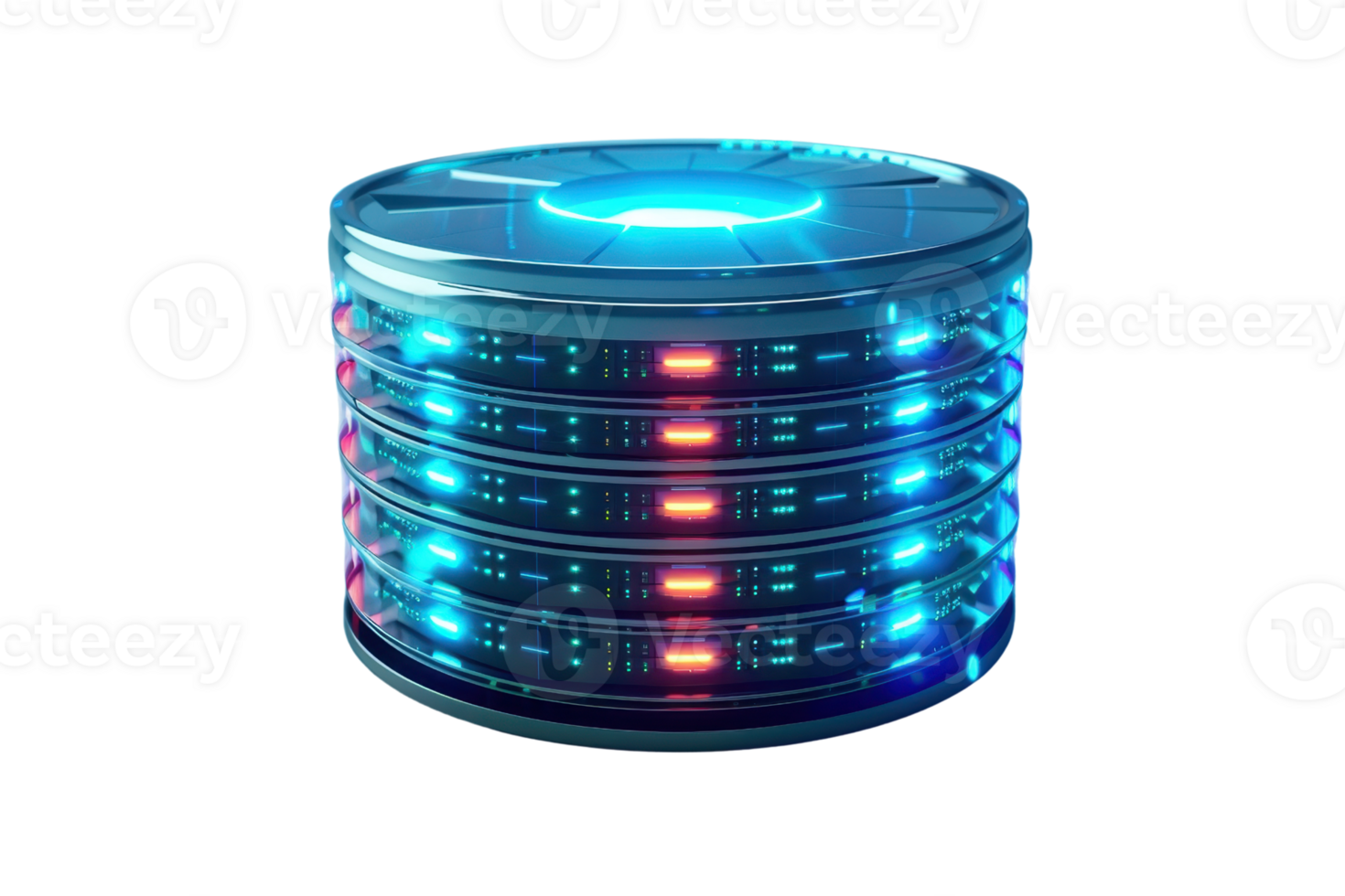 Futuristic data server with glowing blue and red lights, showcasing advanced technology and innovation in digital storage solutions. png