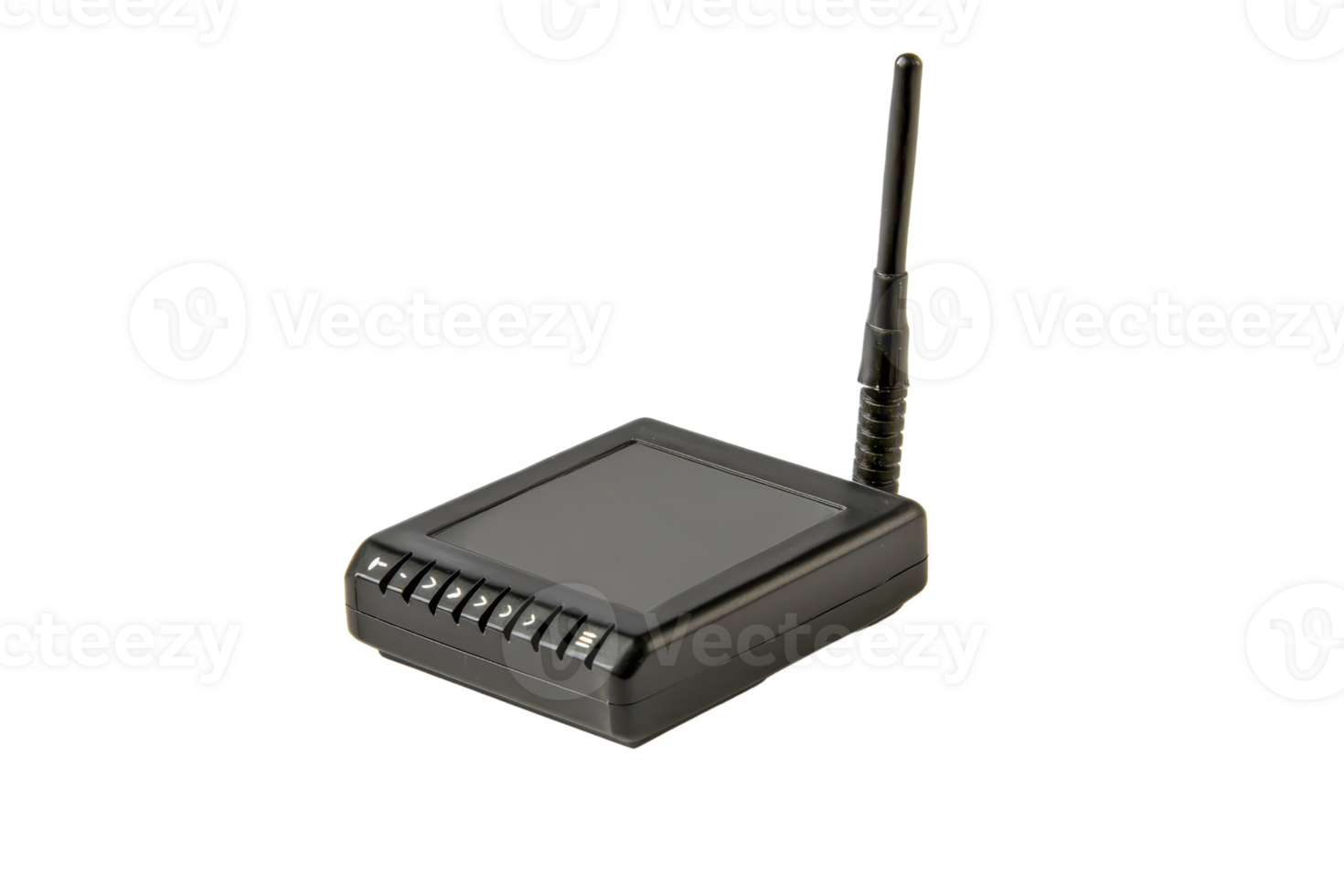 A black wireless router with an antenna, isolated on a transparent background. Ideal for technology, networking, and internet-related projects. png