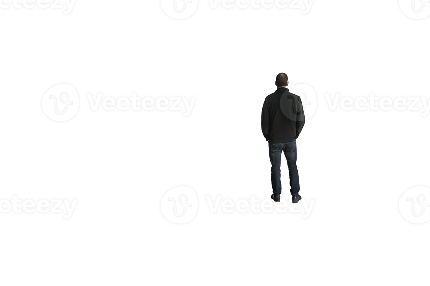 A man in casual attire stands alone against a transparent background. captured from the back, symbolizing solitude and contemplation. png