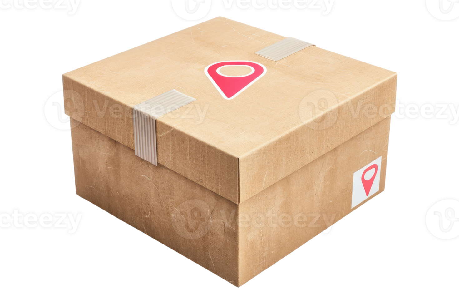 Labeled cardboard box with location pin sticker, symbolizing delivery, shipment, and packaging. Taped and sealed for transportation. png