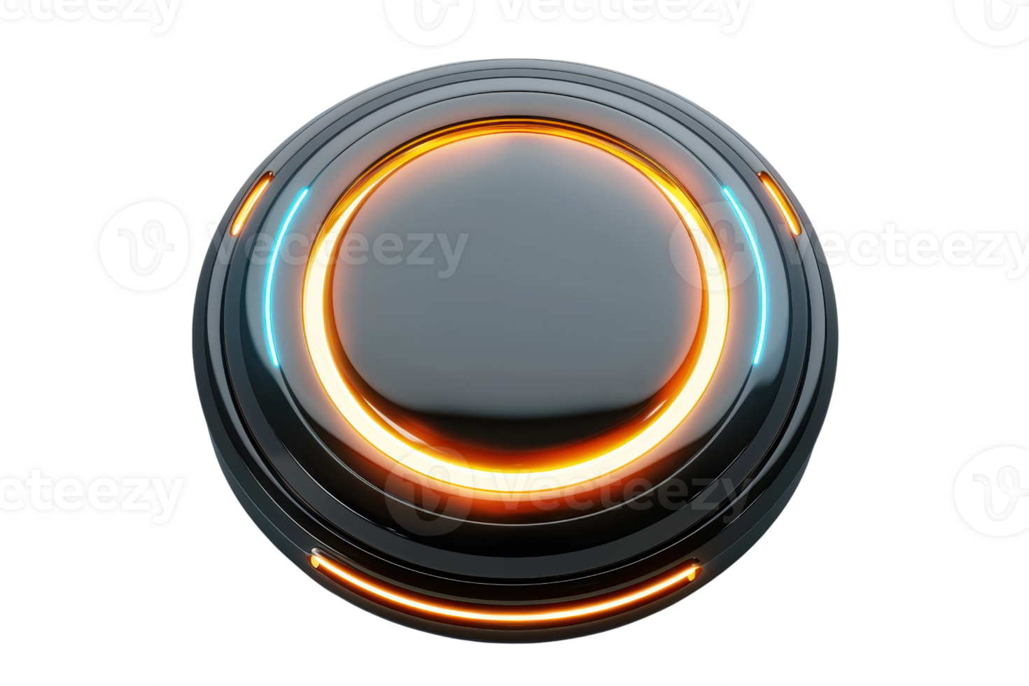 Futuristic glossy black button with orange and blue lights. High-tech design element for modern interfaces and gadgets. png