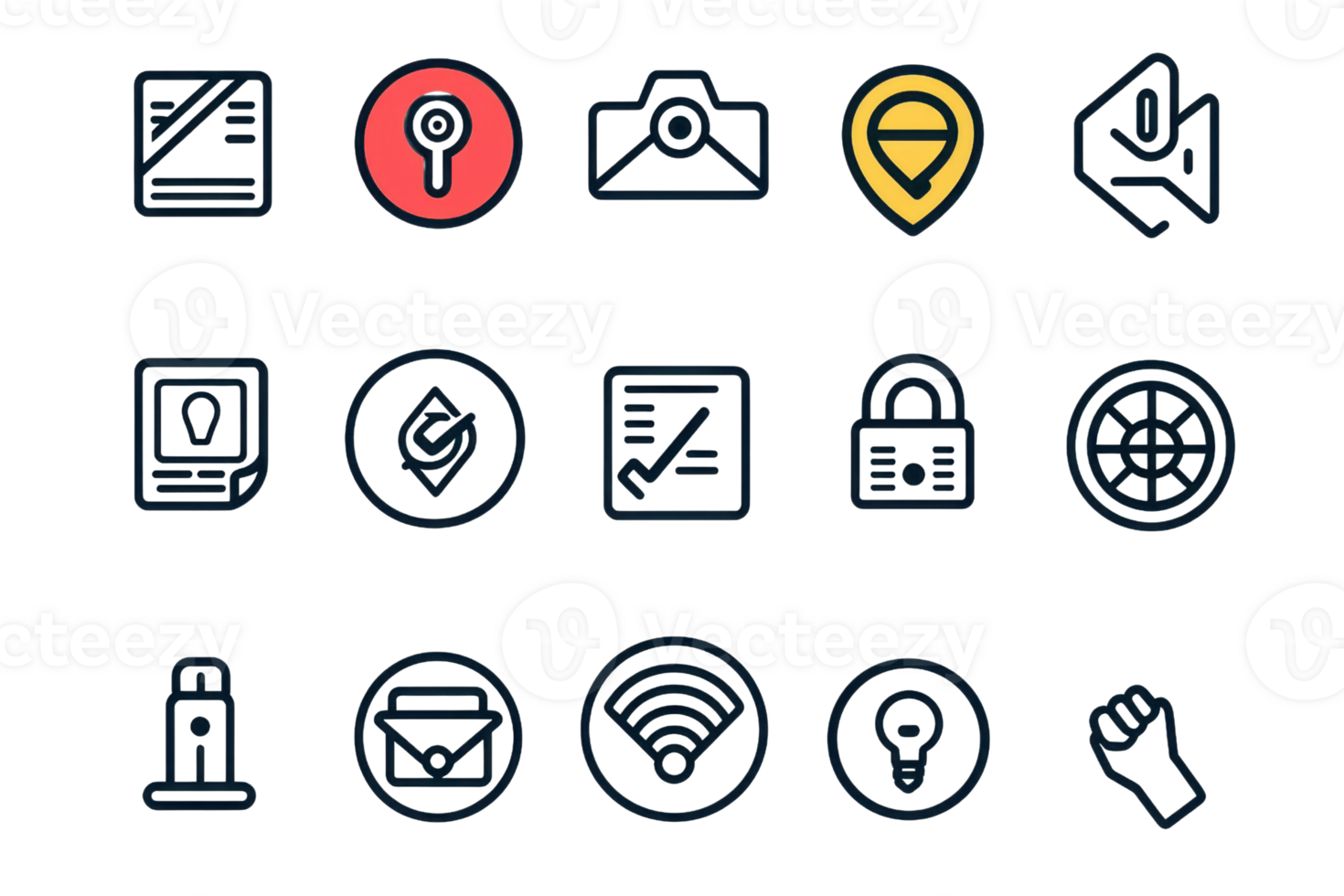 A set of diverse icons including key, lock, location, email, and more, ideal for web design and application development. png