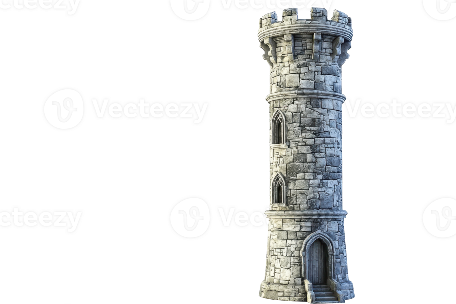 A majestic medieval stone tower with crenellations and an arched entrance, isolated on a transparent background. png