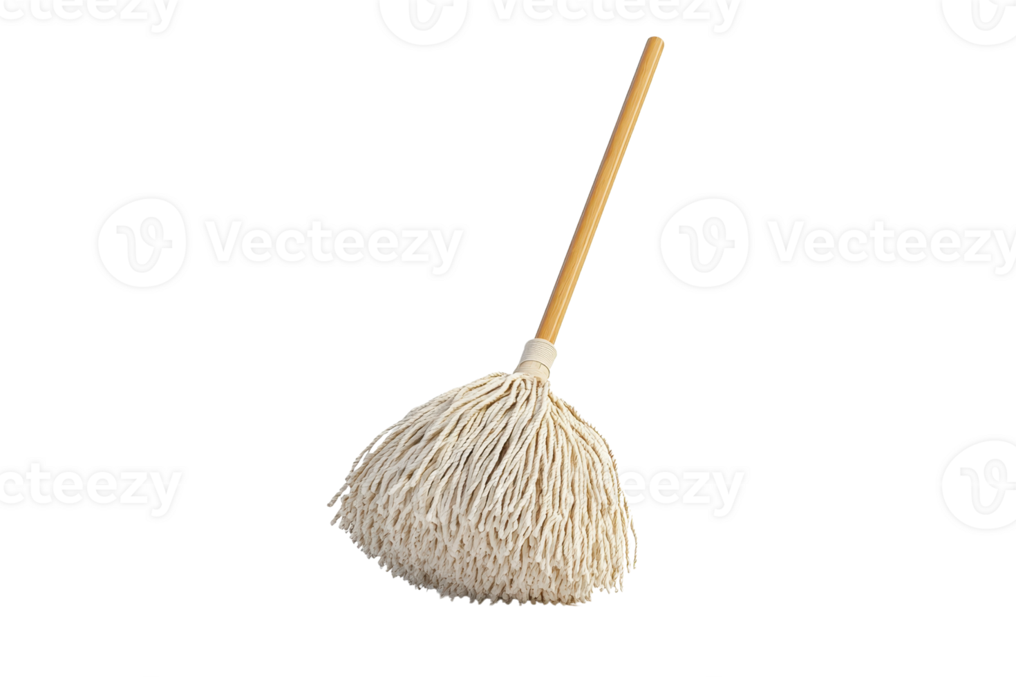 A simple mop with a wooden handle and white cotton strands, isolated against a transparent background. Perfect for cleaning-themed projects. png