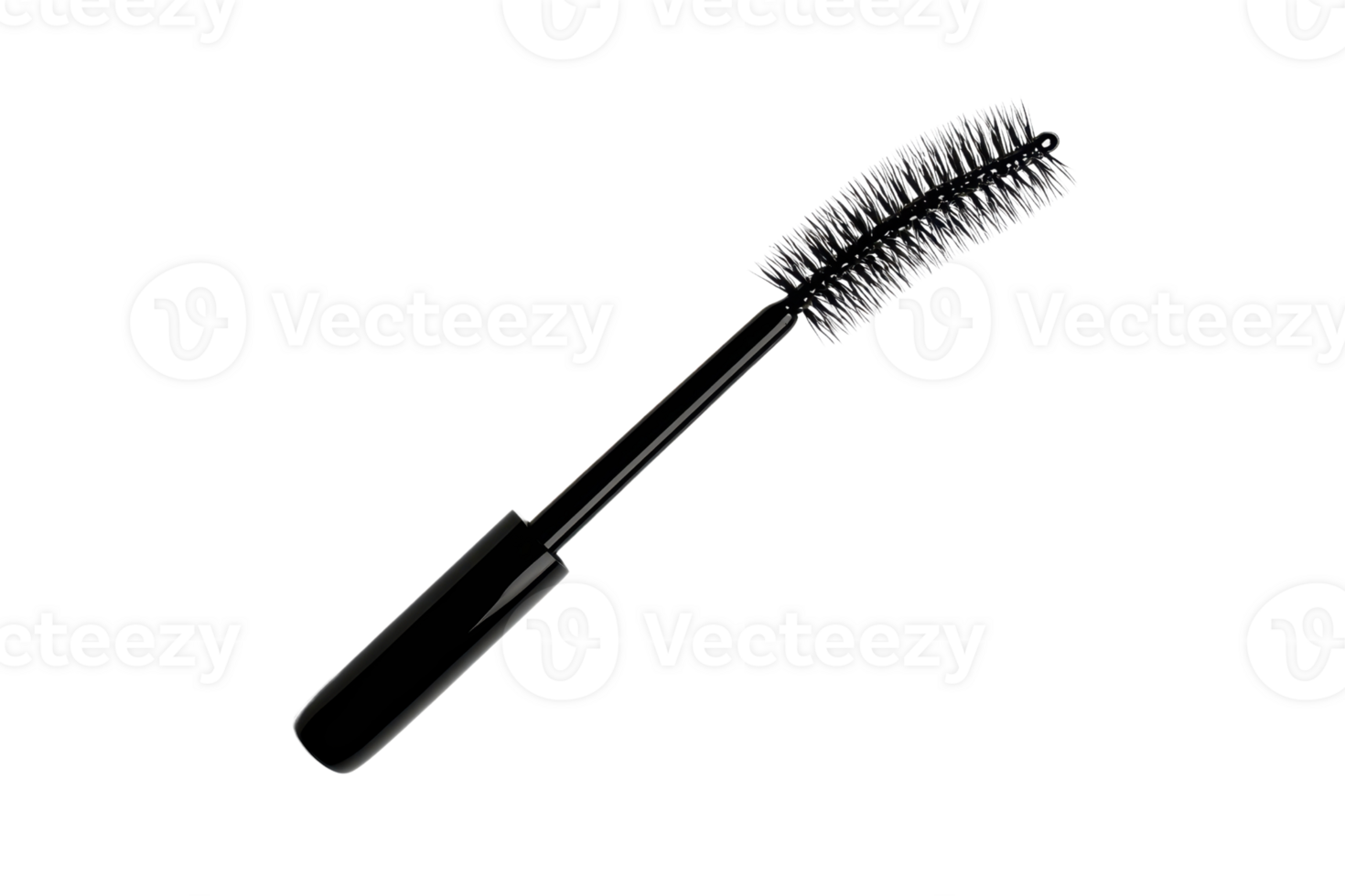 Close-up of a black mascara wand with curved bristles for applying makeup, isolated on a transparent background. Beauty and cosmetics concept. png