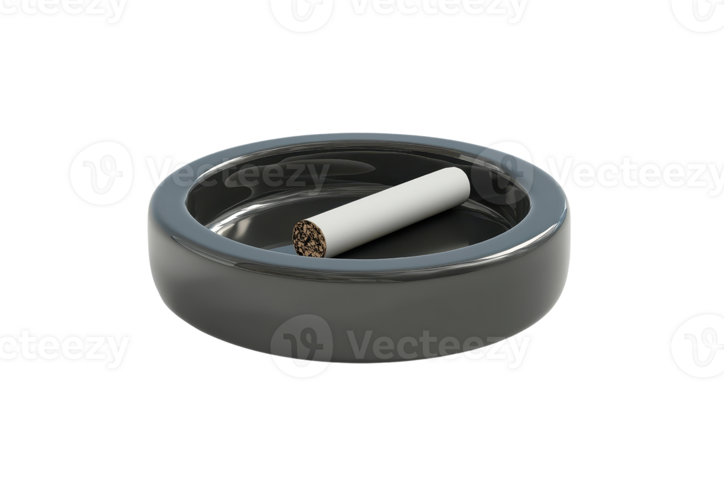 A single cigarette resting in a sleek, modern ashtray on a transparent background. conveying smoking and lifestyle themes. png