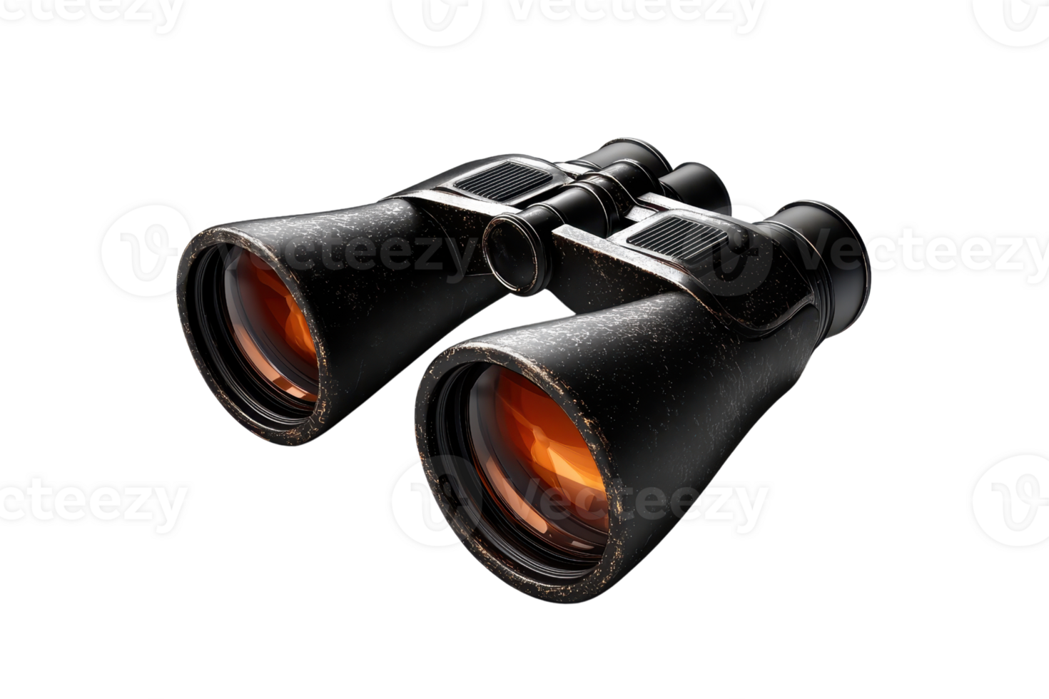 A pair of vintage black binoculars with red-tinted lenses isolated on a transparent background. Perfect for exploration and adventure themes. png