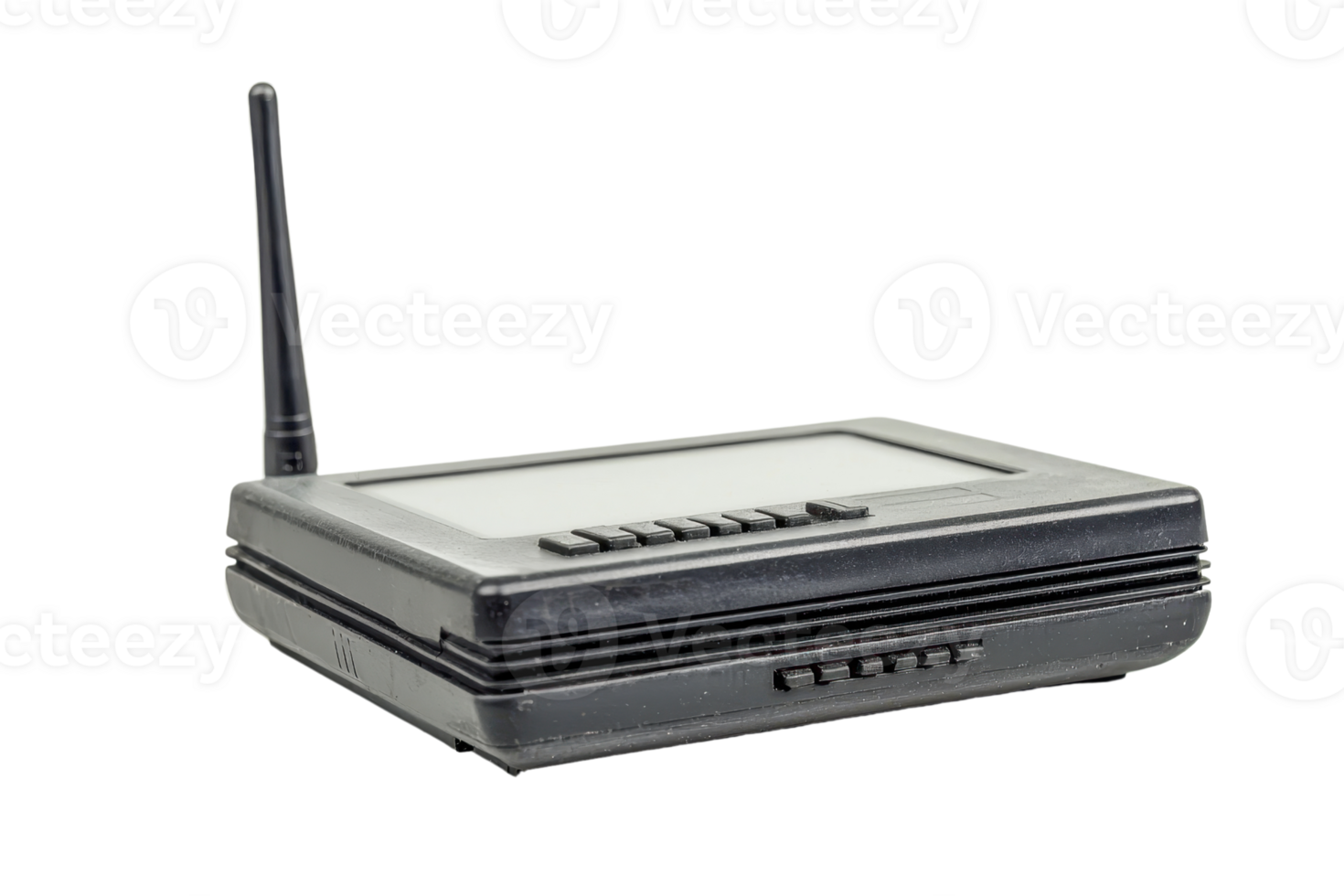 Black wireless router with antenna, isolated on transparent background. High-speed internet connection device for home and office. png