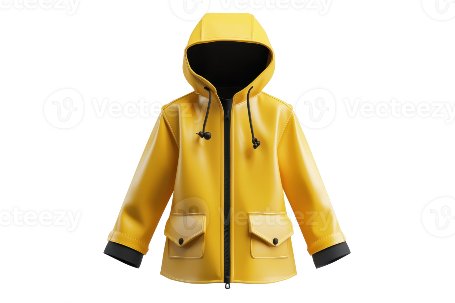 Bright yellow rain jacket with front pockets and a hood, perfect for keeping dry in wet weather on outdoor adventures. png