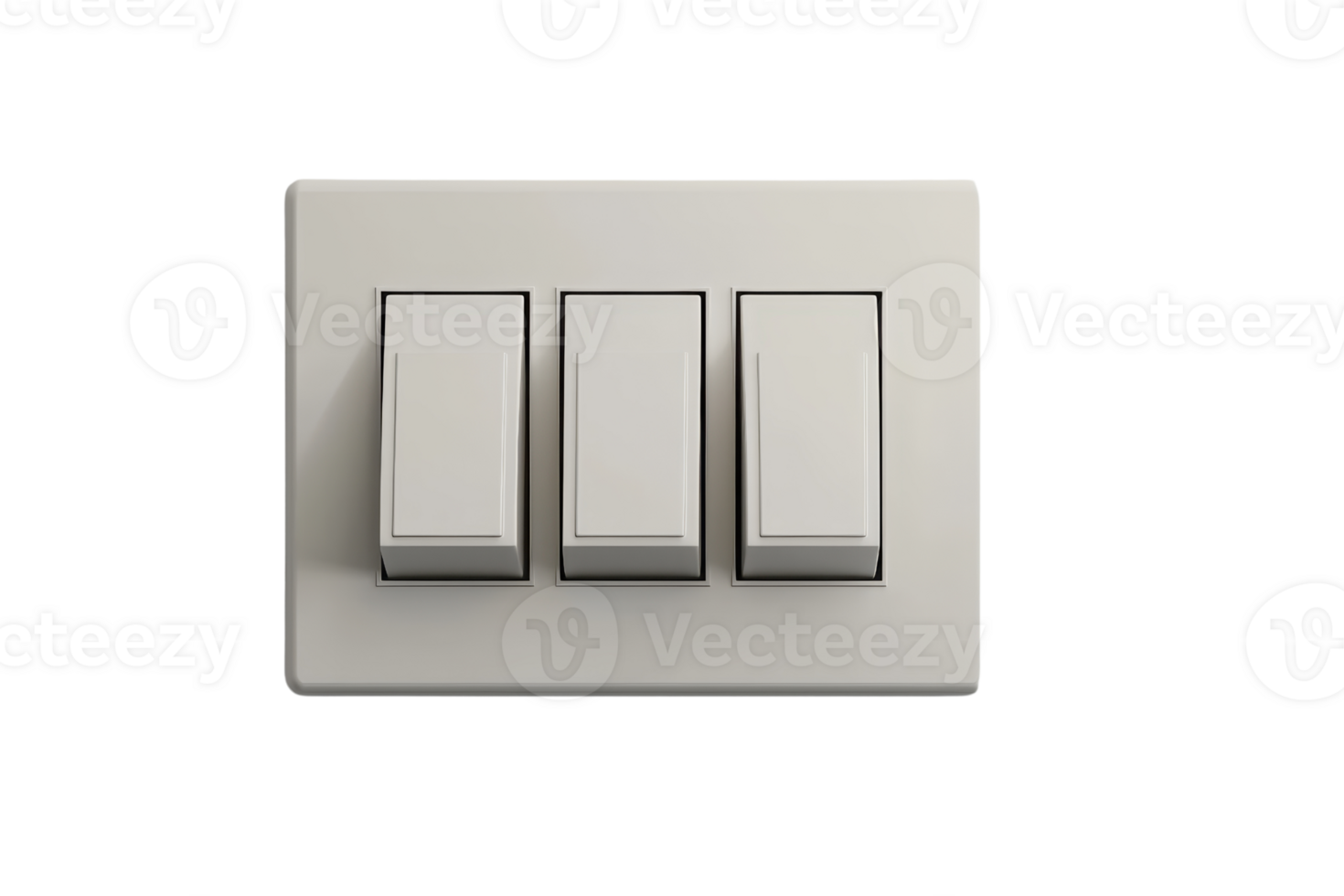 Close-up of a modern triple light switch on a white wall, showing the simplicity and functionality of home electrical fixtures. png