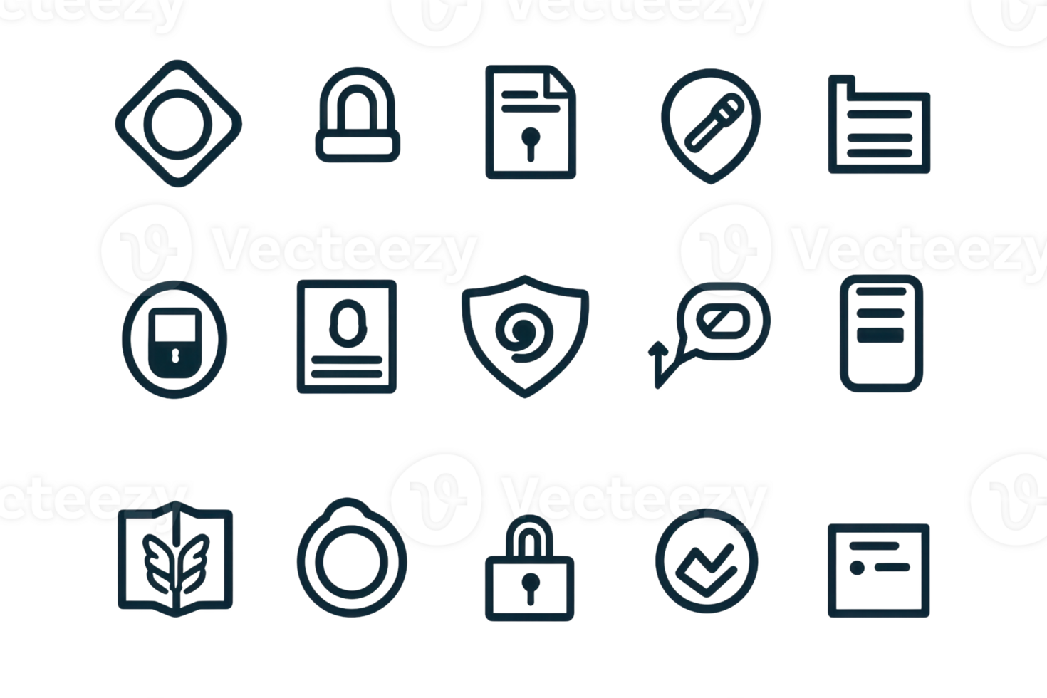 Collection of 15 black line icons featuring various business and security symbols, perfect for web design, apps, and presentations. png