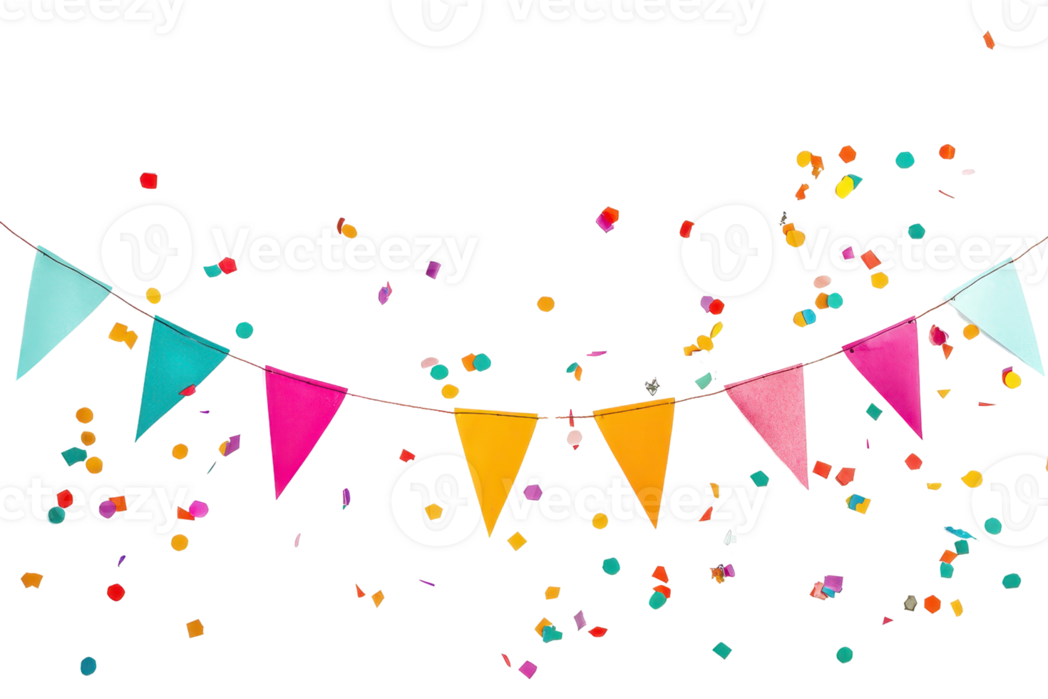 Colorful party decorations with confetti and festive bunting flags, perfect for celebrations, festivals, and joyful events. png