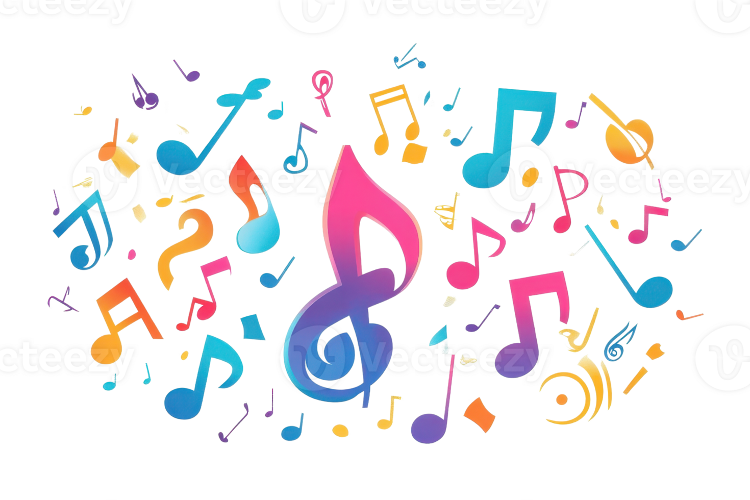 Colorful musical notes and symbols in bright colors creating an abstract, vibrant, and lively composition. png