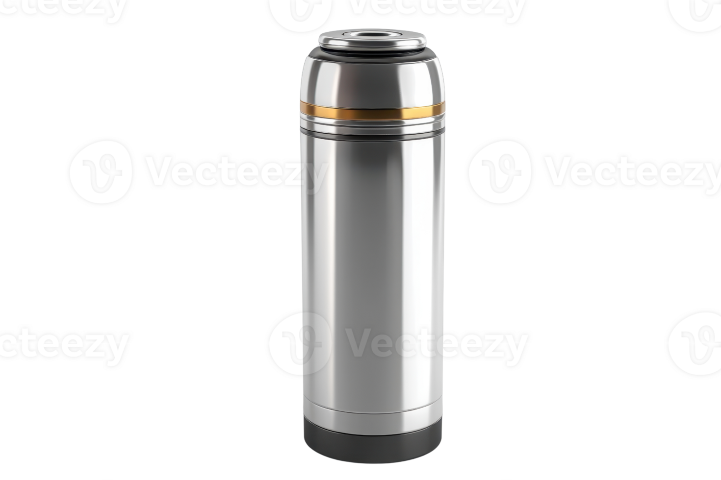 Stainless steel thermal flask with black and gray details, isolated on a transparent background. ideal for outdoor activities and travel. png