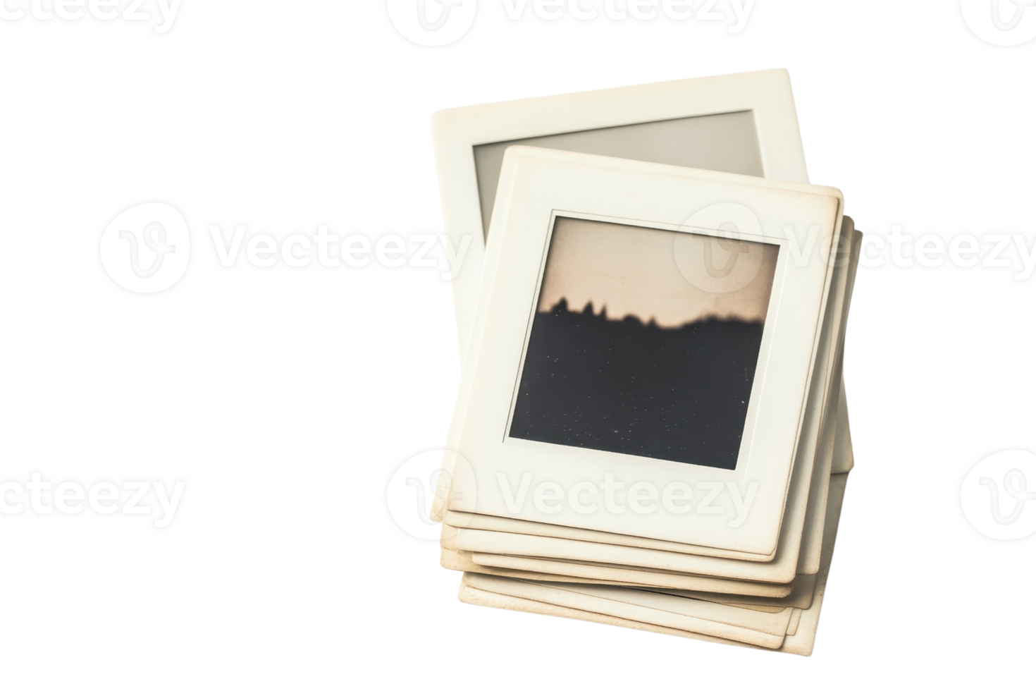 Stack of vintage photo slides with faded landscape image, isolated on blank background, ideal for nostalgic or retro themes. png