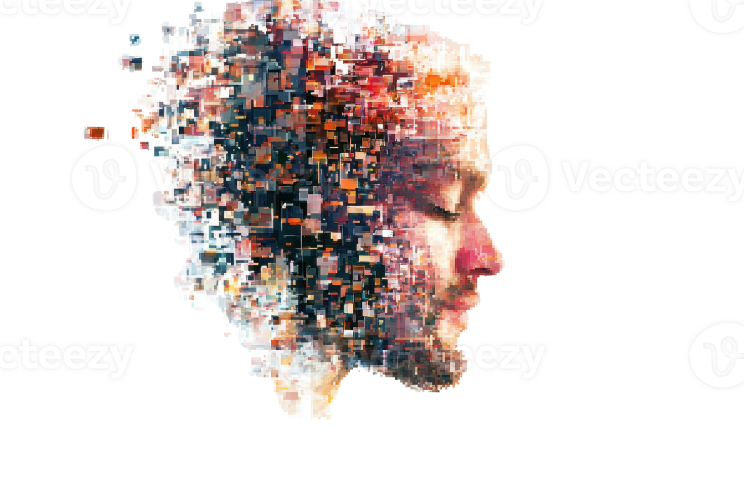 Abstract digital art of a man's side profile with pixel dispersion effect, symbolizing technology, innovation, and human creativity. png