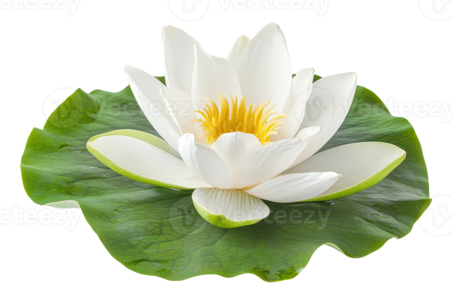 A beautiful white lotus flower in full bloom, with vibrant green leaves, isolated on a transparent background. png