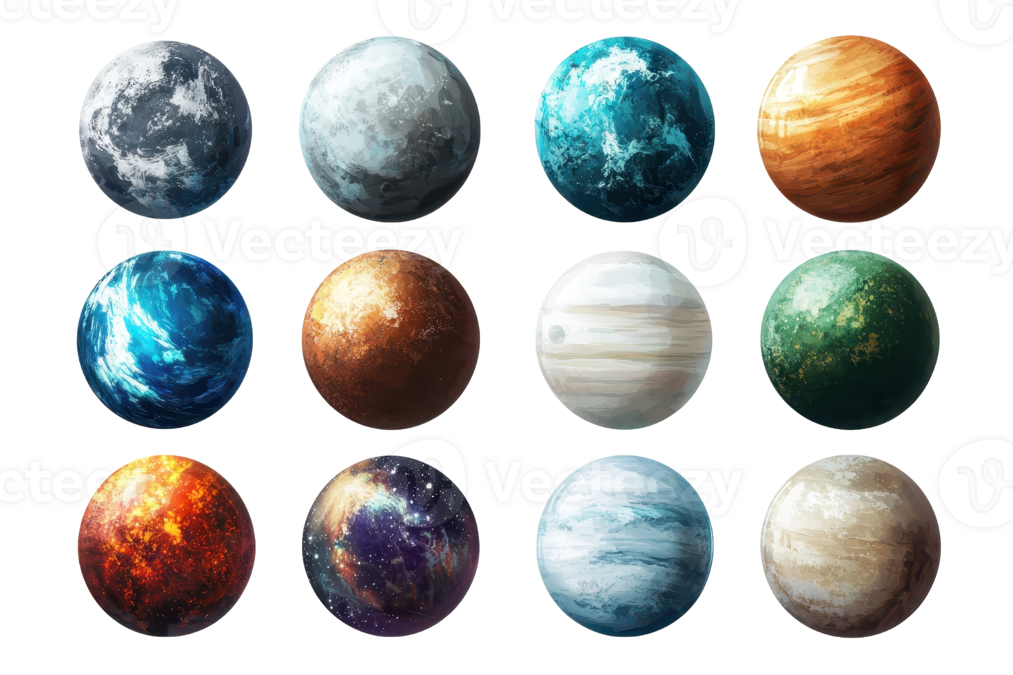 A colorful collection of digital planet illustrations, showcasing a variety of vibrant textures and designs in a sci-fi themed style. png