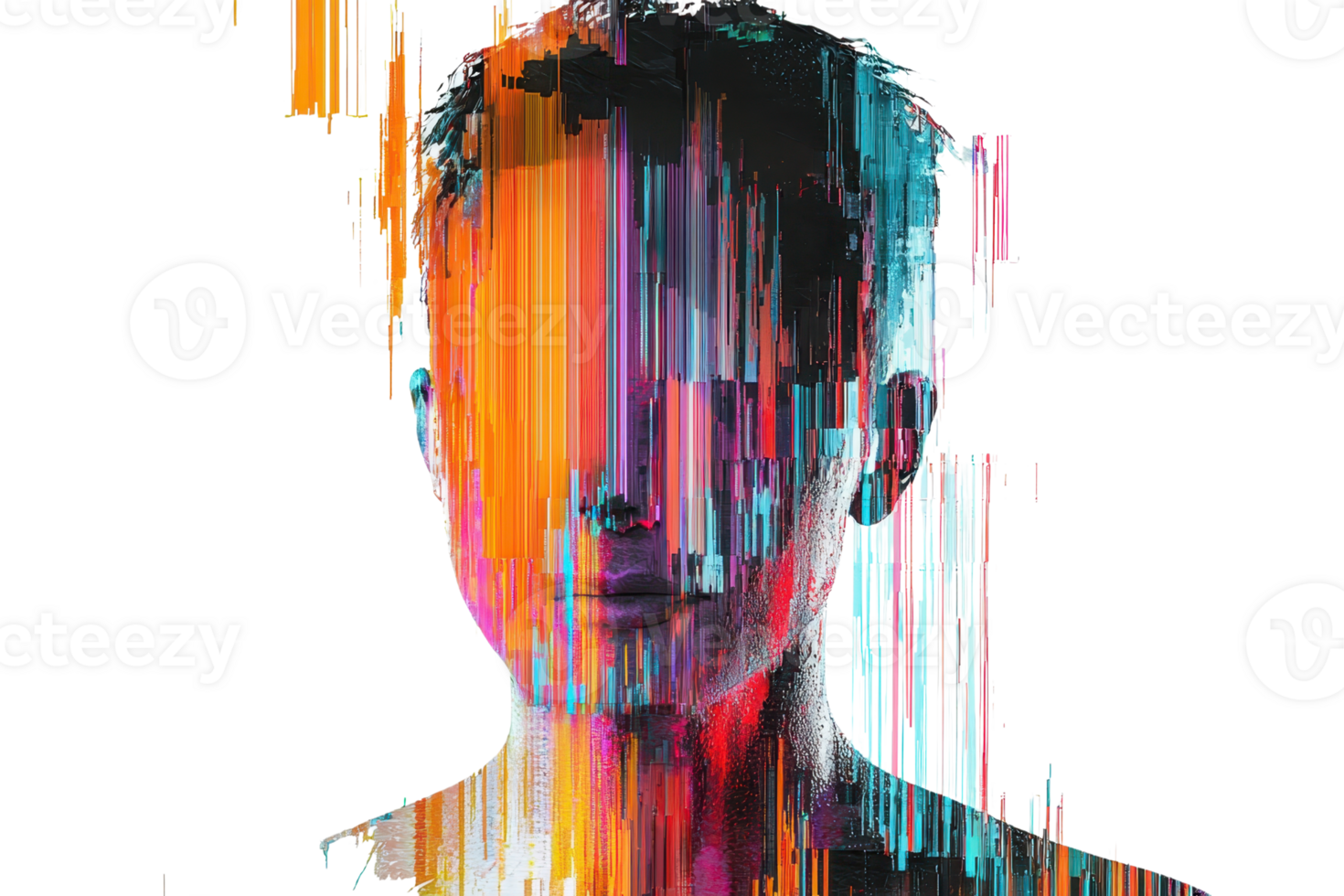 Abstract digital art of a person with colorful glitch effect, representing technological distortion and digital identity. png
