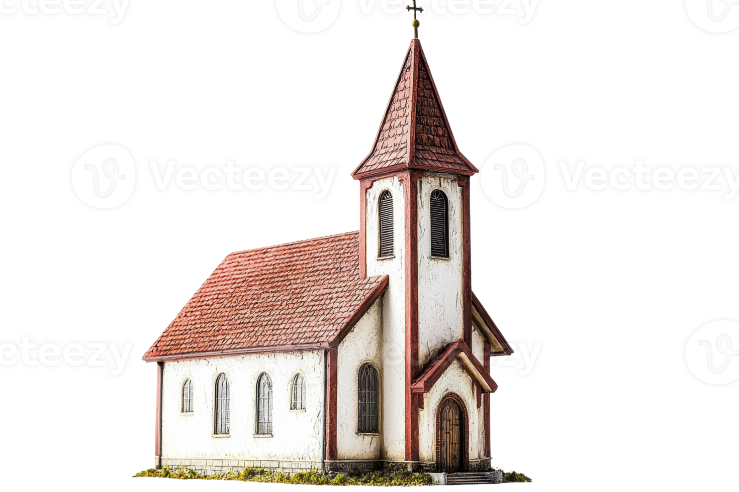 A detailed 3D rendering of a charming small church with a red roof and white walls, featuring arched windows and a tall steeple. png