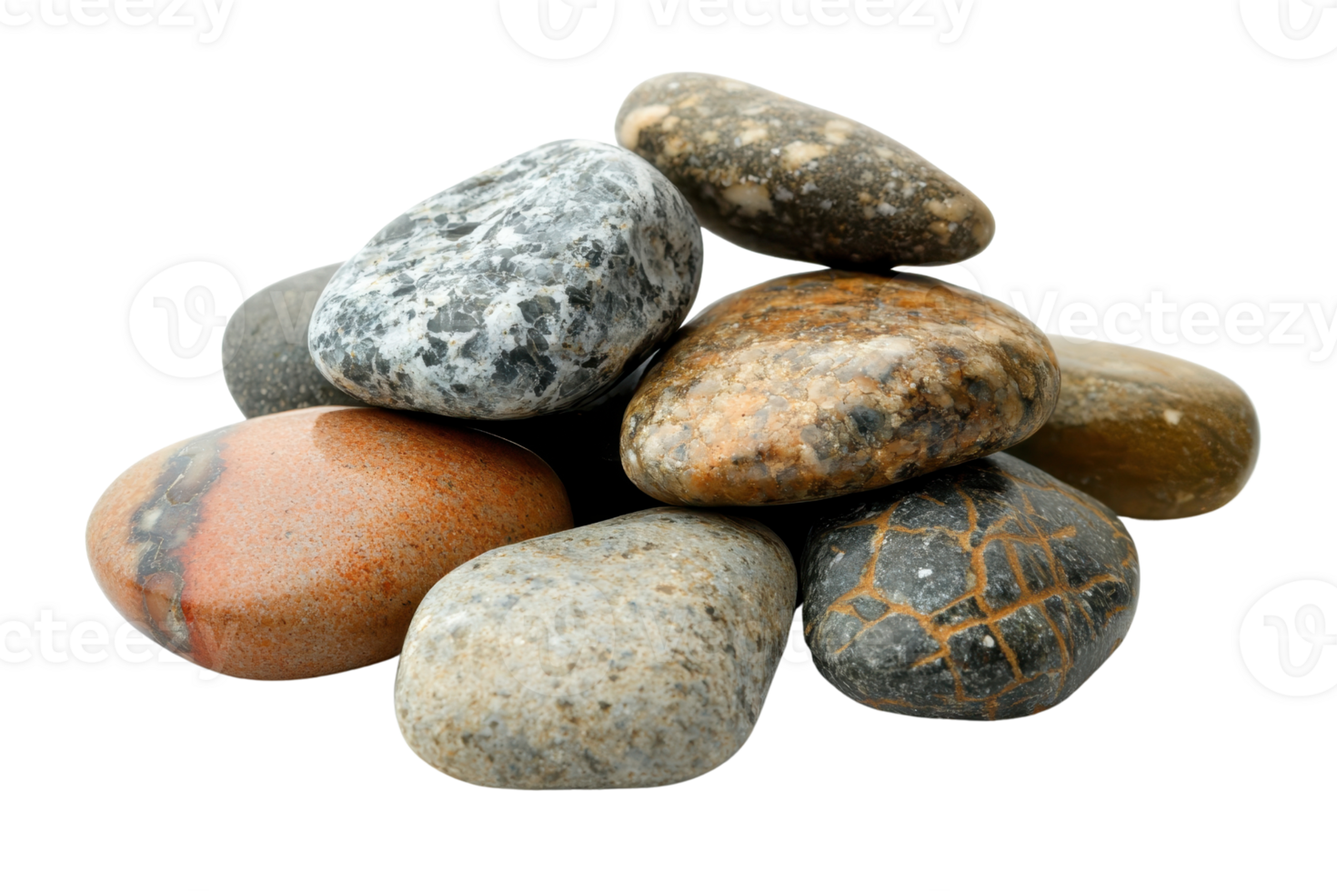 A collection of smooth, multi-colored stones stacked together, showcasing their diverse textures and natural beauty. png