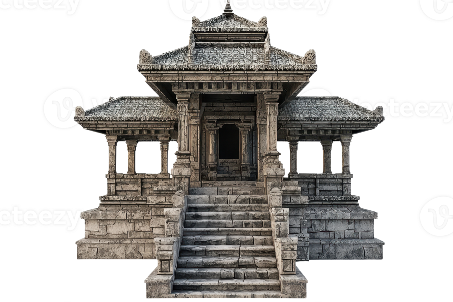 A historical stone temple with intricate architectural details, featuring grand staircases and multiple levels, isolated on a transparent background. png