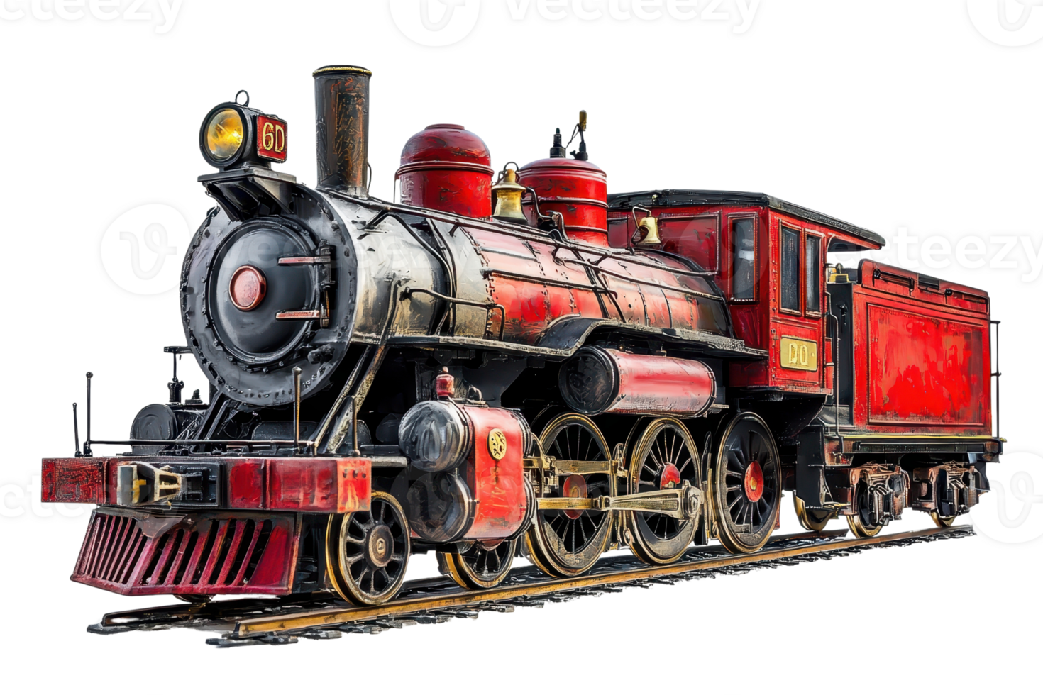 A detailed and colorful illustration of a vintage steam locomotive with vibrant red and black colors against a transparent background. png