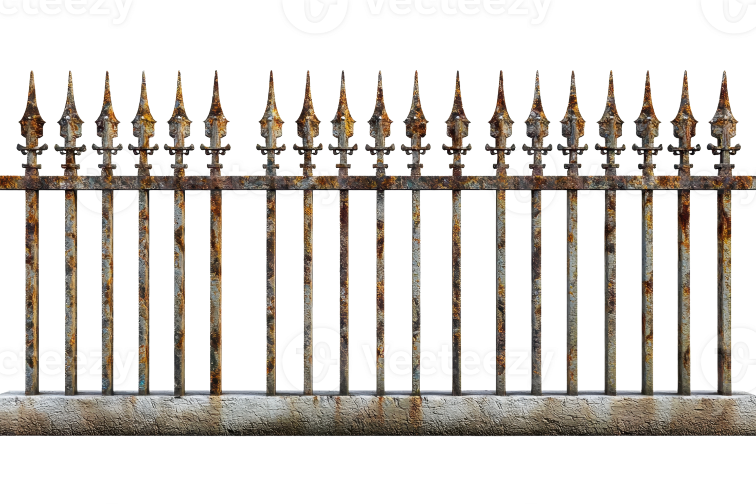 A rustic iron fence with vertical bars and decorative spikes, offering both security and an aesthetic appeal for homes and gardens. png