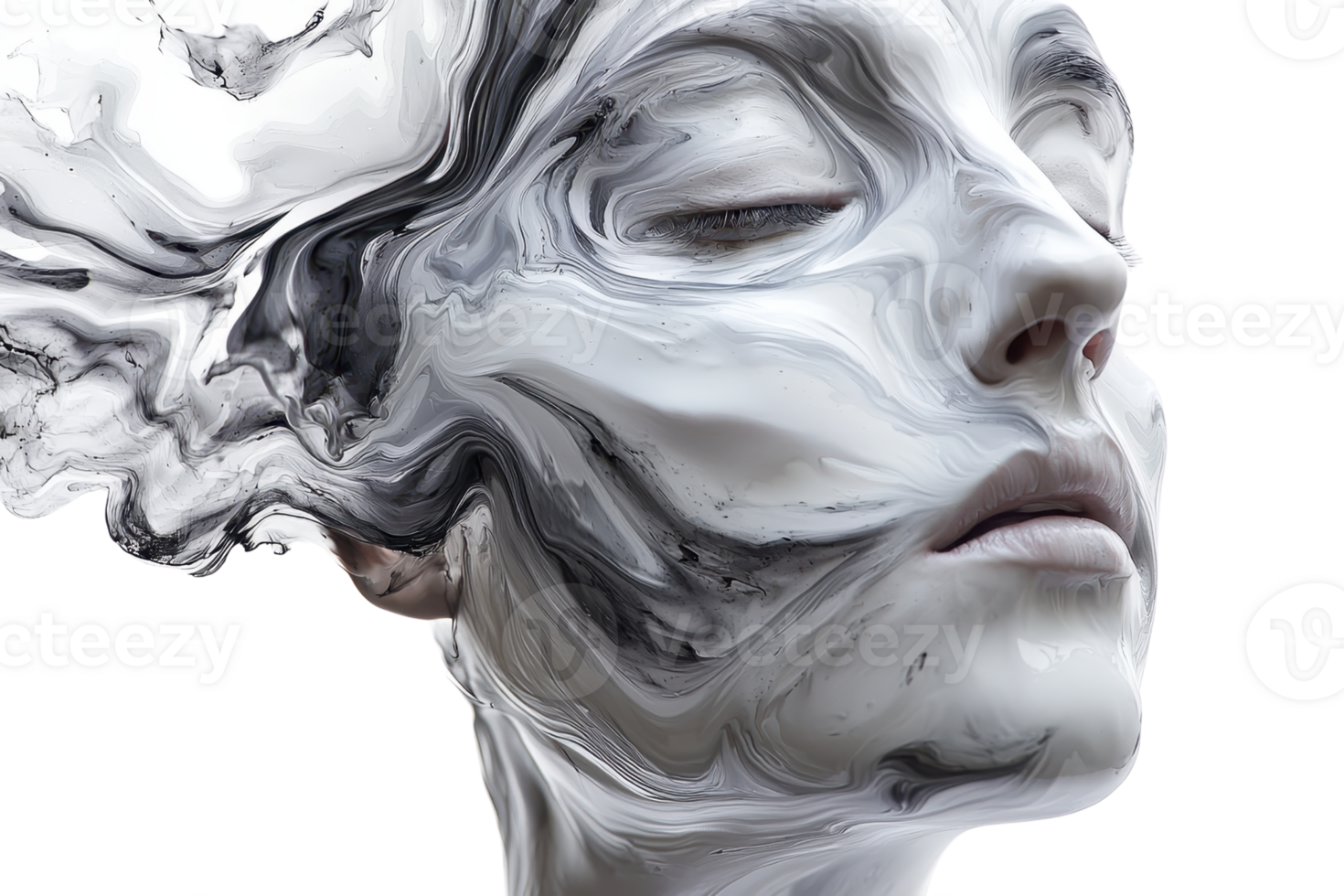 Abstract digital art of a serene face merging with swirling black and white textures, representing a fusion of human and artistic elements. png