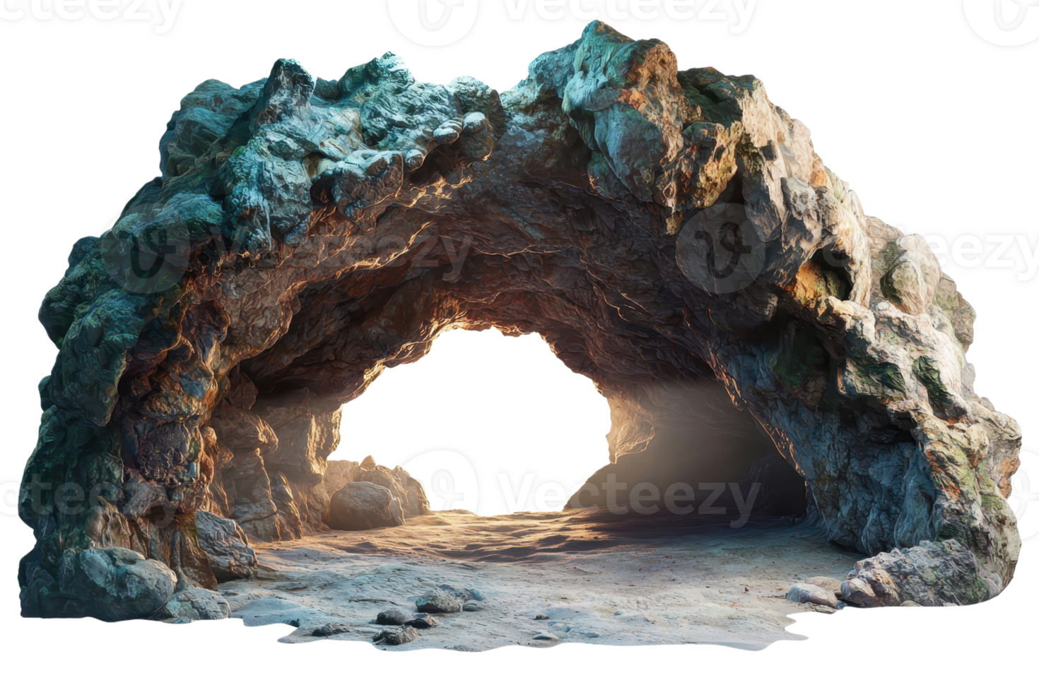 A scenic natural cave formed by rocky formations, illuminated by sunlight. Perfect for nature, adventure, and exploration themes. png