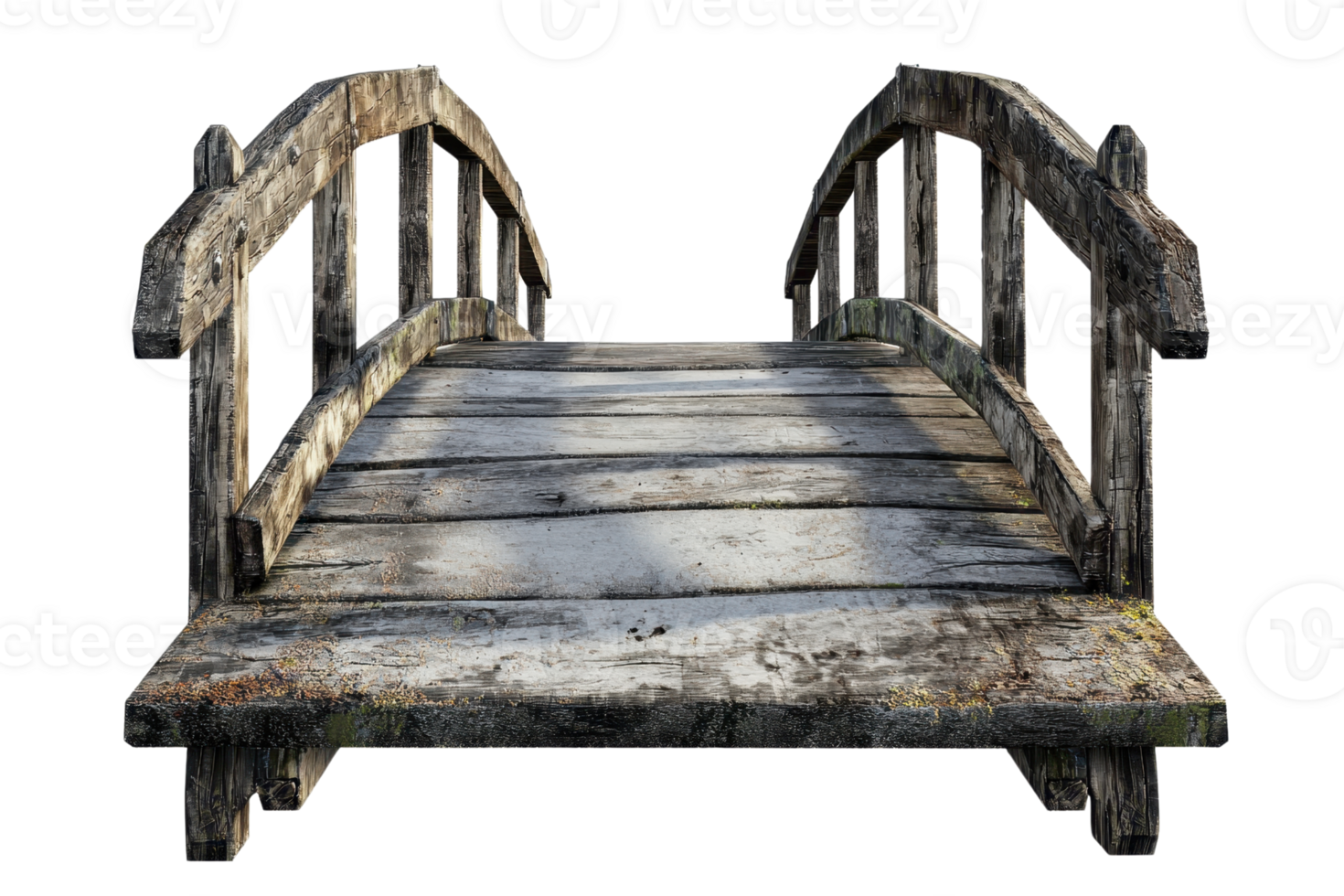A rustic wooden bridge with weathered planks and railings, isolated on a transparent background. showcasing vintage charm and craftsmanship. png