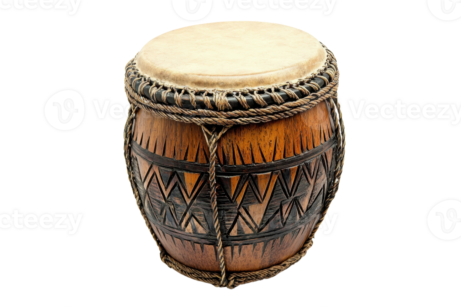 A traditional wooden drum featuring intricate tribal designs. Used in cultural and musical performances, perfect for adding an ethnic touch. png