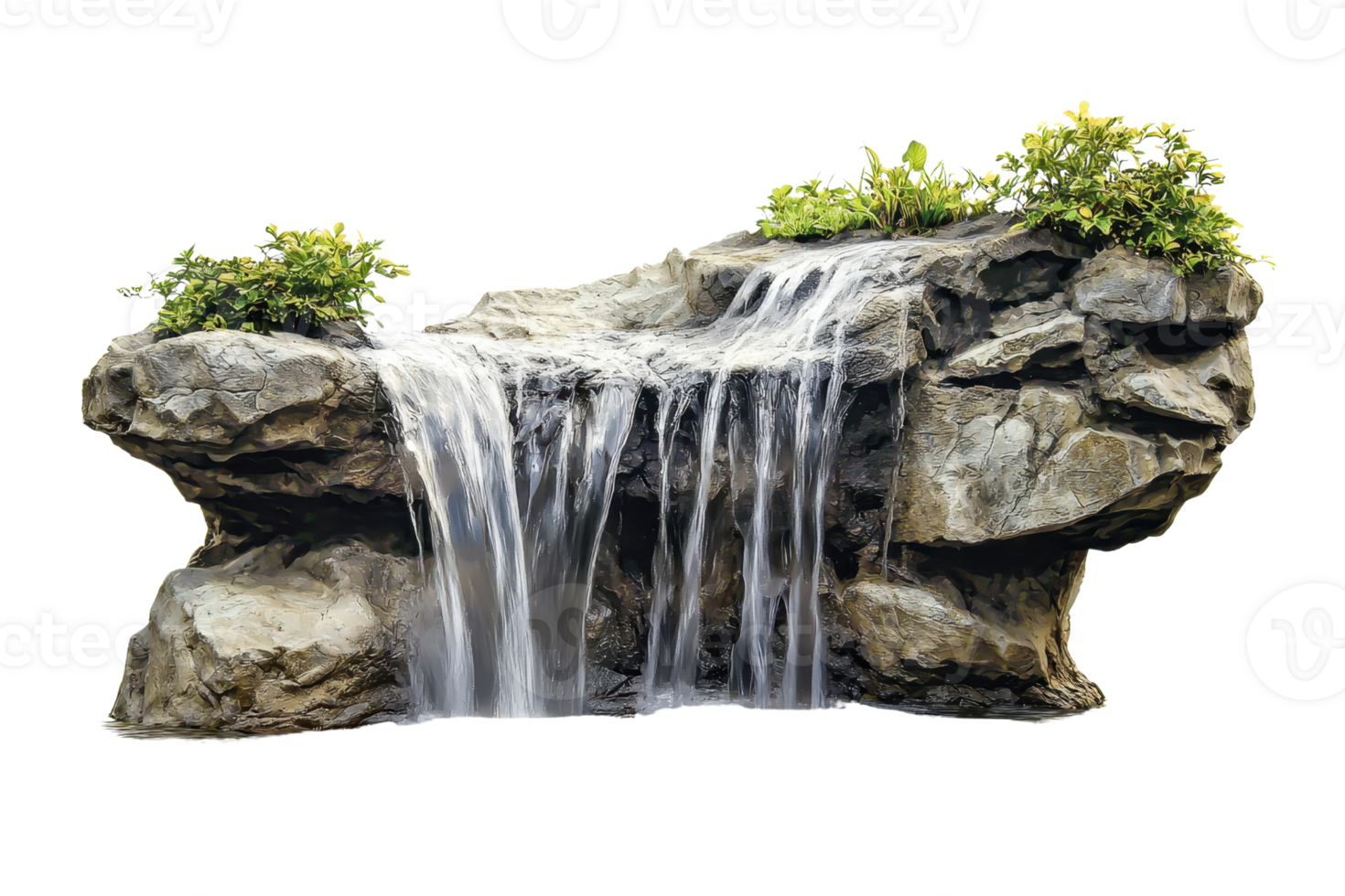 A stunning waterfall cascading over large rocks surrounded by greenery, isolated on a transparent background. for easy integration into designs. png