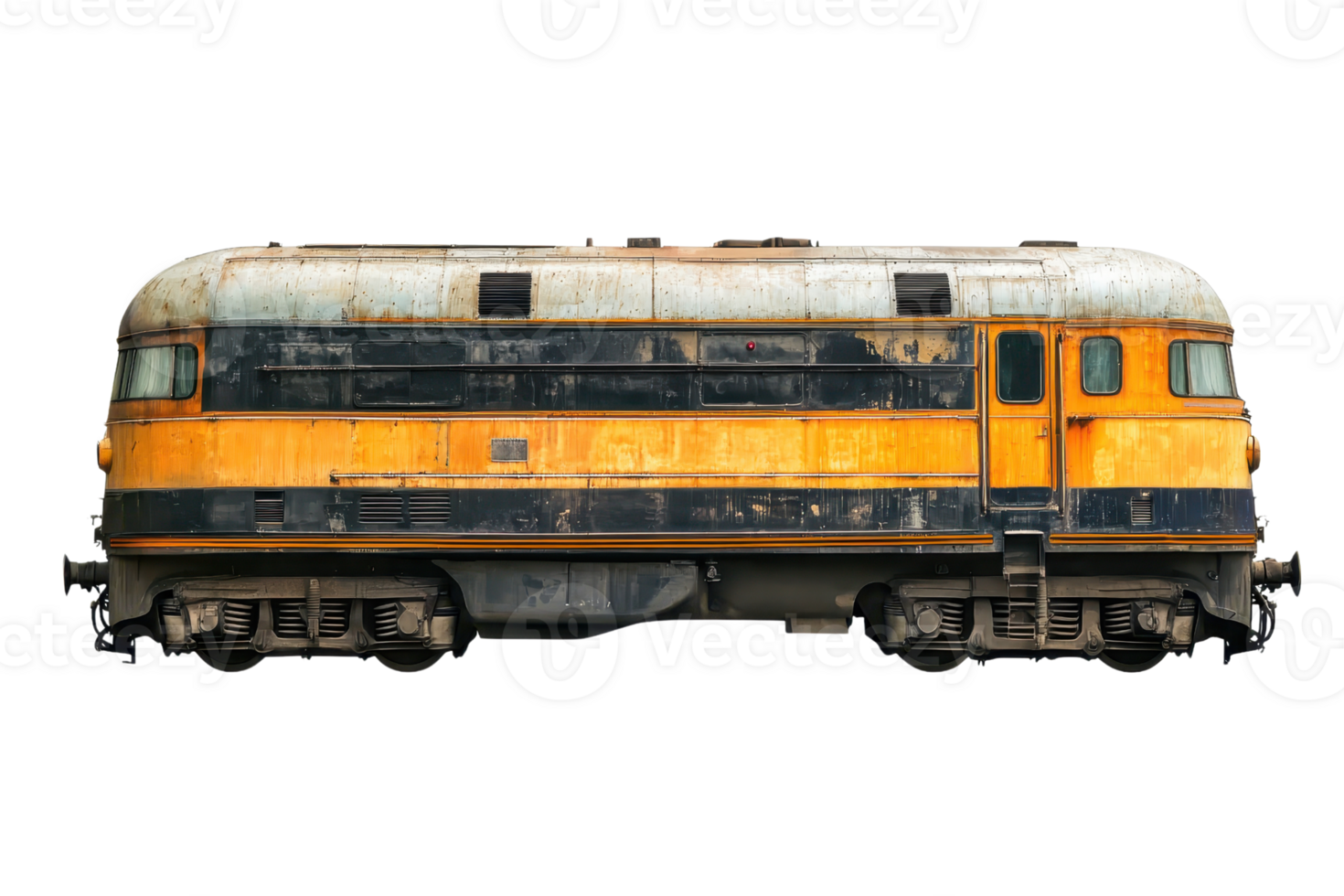 A vintage, rusted train locomotive with weathered yellow and black paint, isolated on a transparent background. png