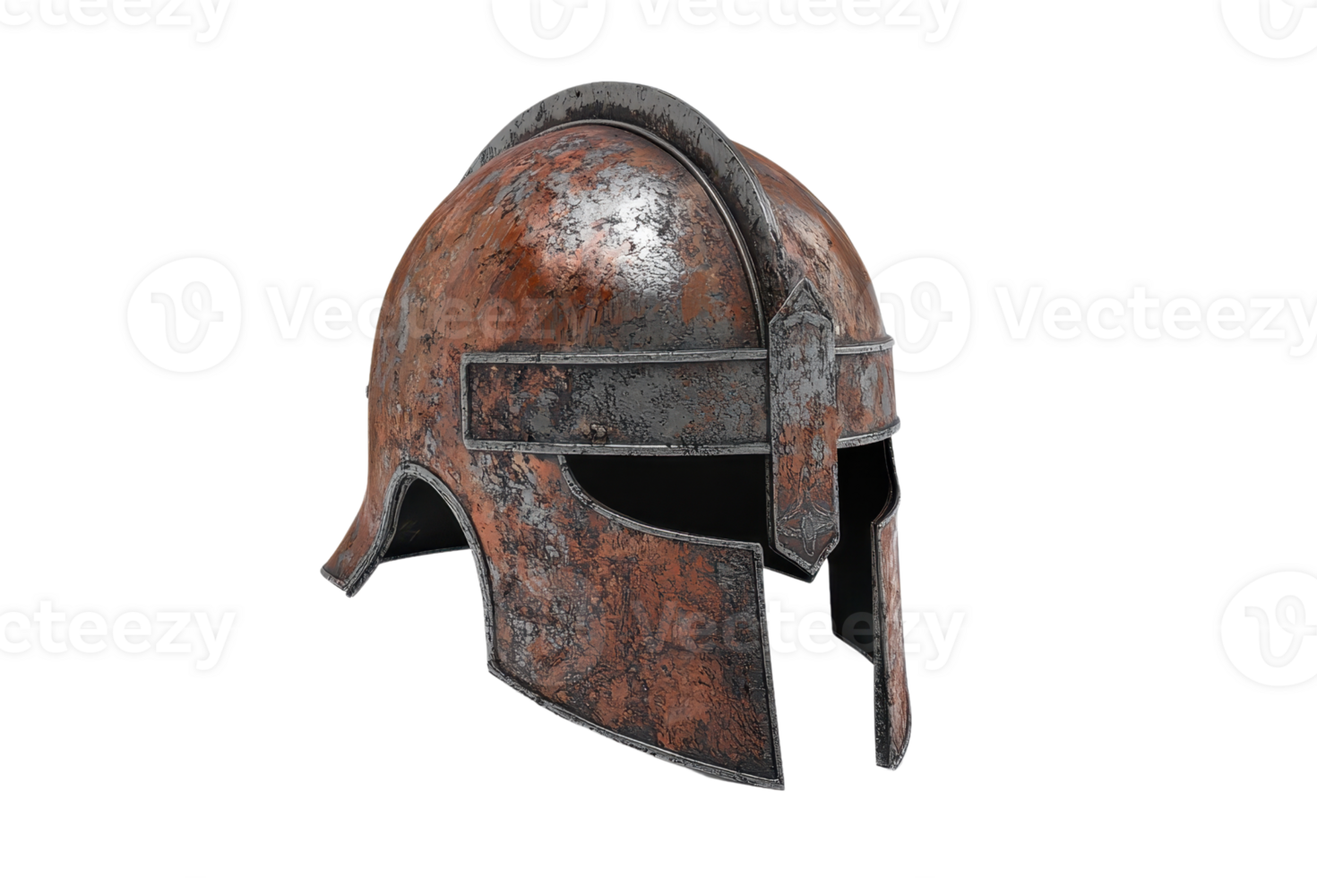 A vintage, weathered metal helmet with a visor and rusted finish, representing medieval armor and historical warfare. png