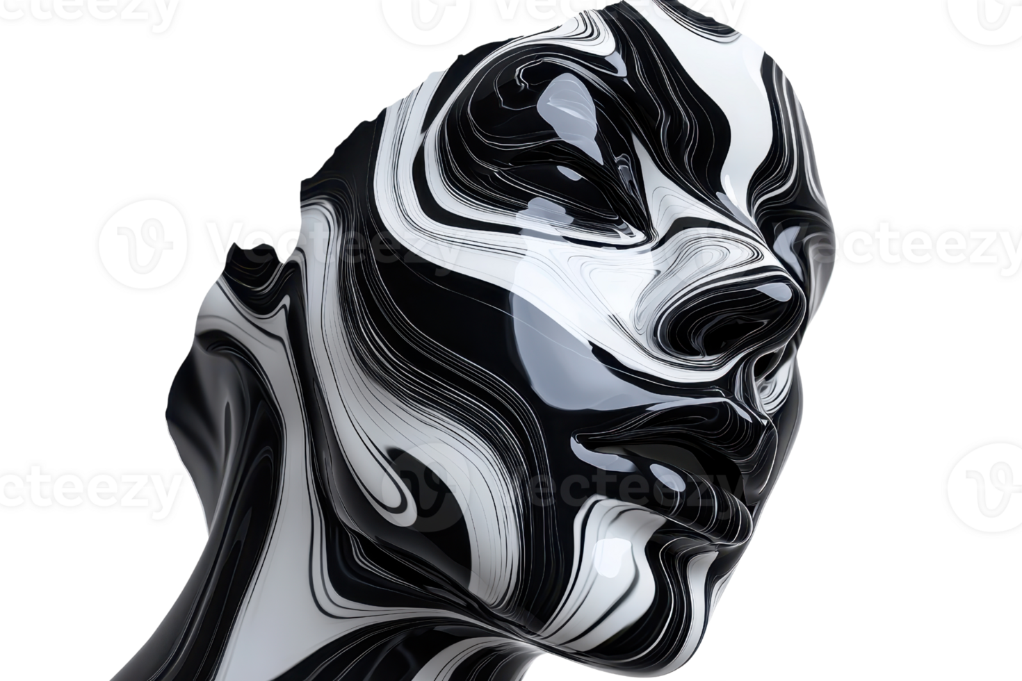 Abstract black and white modern art portrait of a human face with swirling patterns, showcasing intricate design and creativity. png