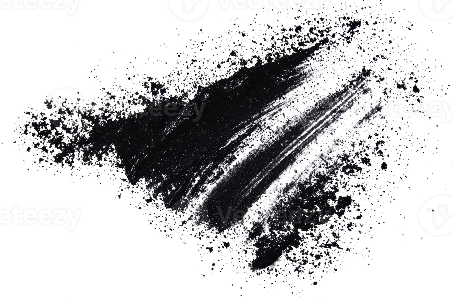 Abstract black paint texture on transparent background. Artistic brush stroke with splatters, perfect for backgrounds and design projects. png