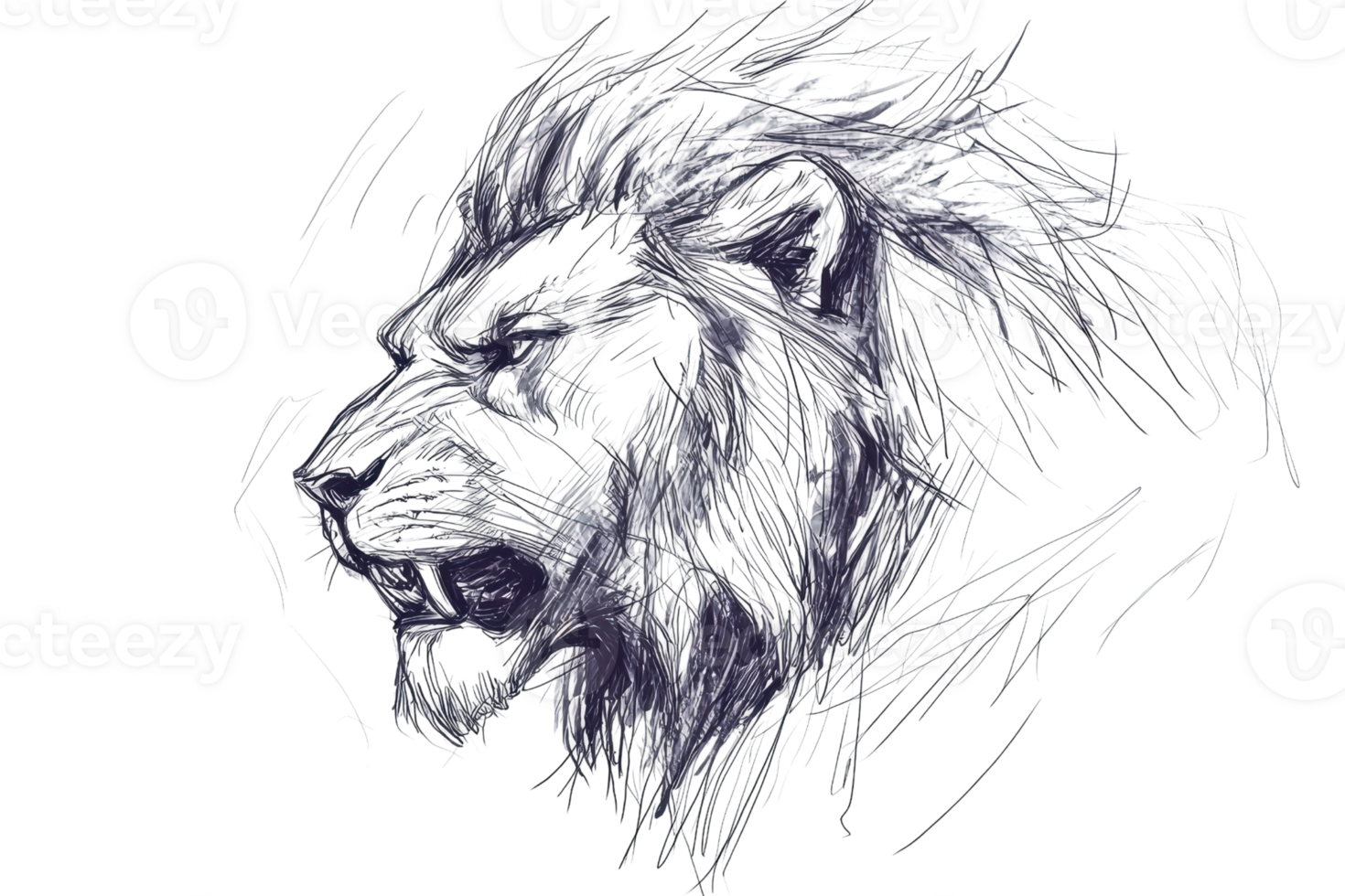 Abstract black and white pencil sketch of a lion roaring. Artistic representation depicting strength and wild nature of the majestic animal. png