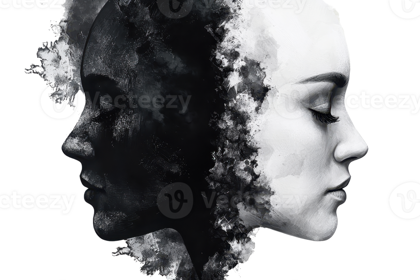 Abstract artistic portrait of two faces merging into black and white, symbolizing contrast and harmony. Digital art, surreal, conceptual design. png