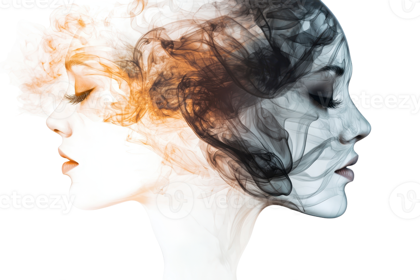 Abstract double exposure of a woman's face with colorful smoke swirling around, representing duality and emotions. png