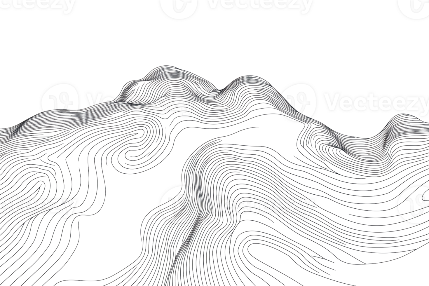 Abstract grayscale digital art resembling mountainous terrain with wavy contour lines creating a surreal landscape vibe. png