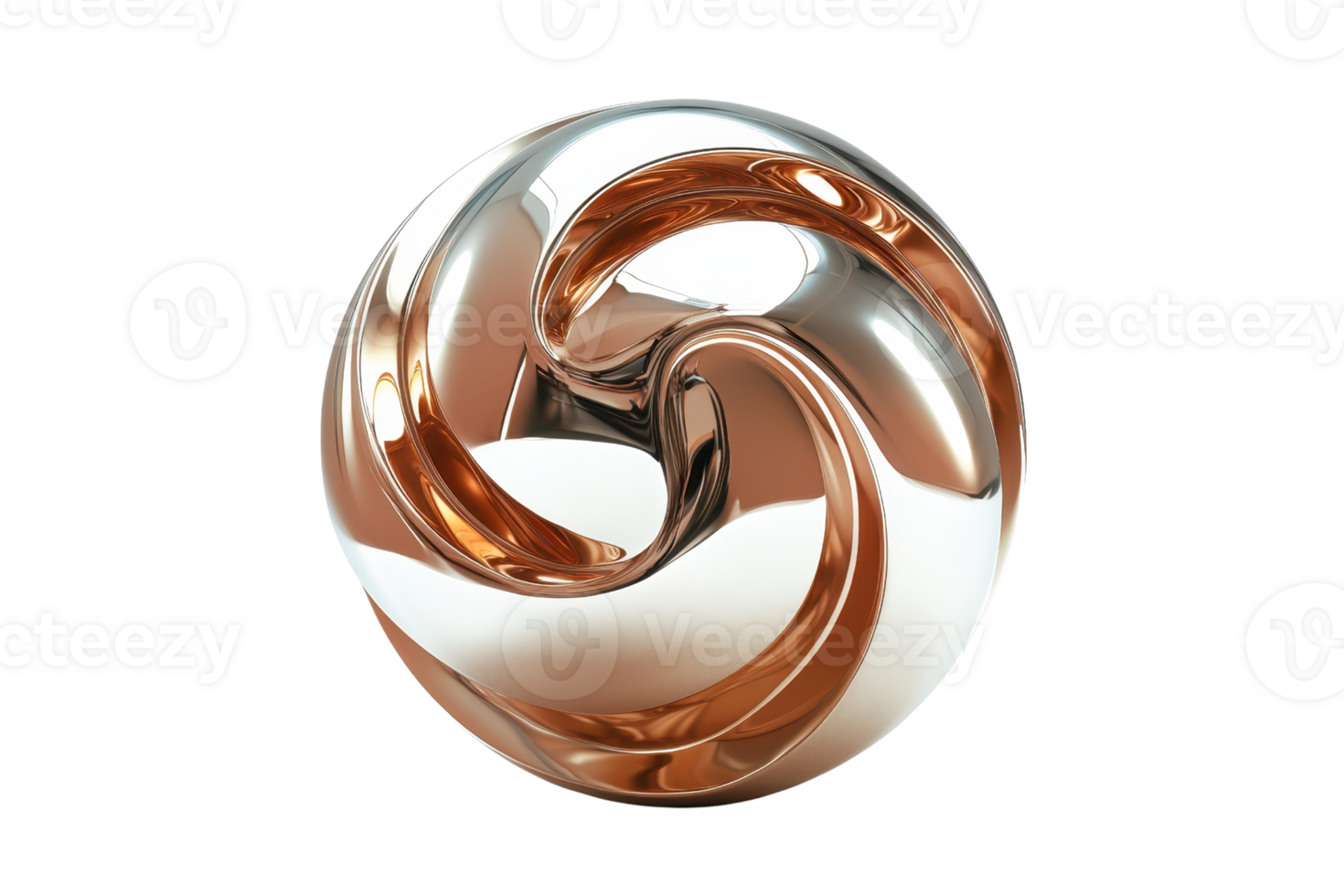 Abstract metallic sculpture with smooth swirling design, combining silver and copper colors, isolated on transparent background. png