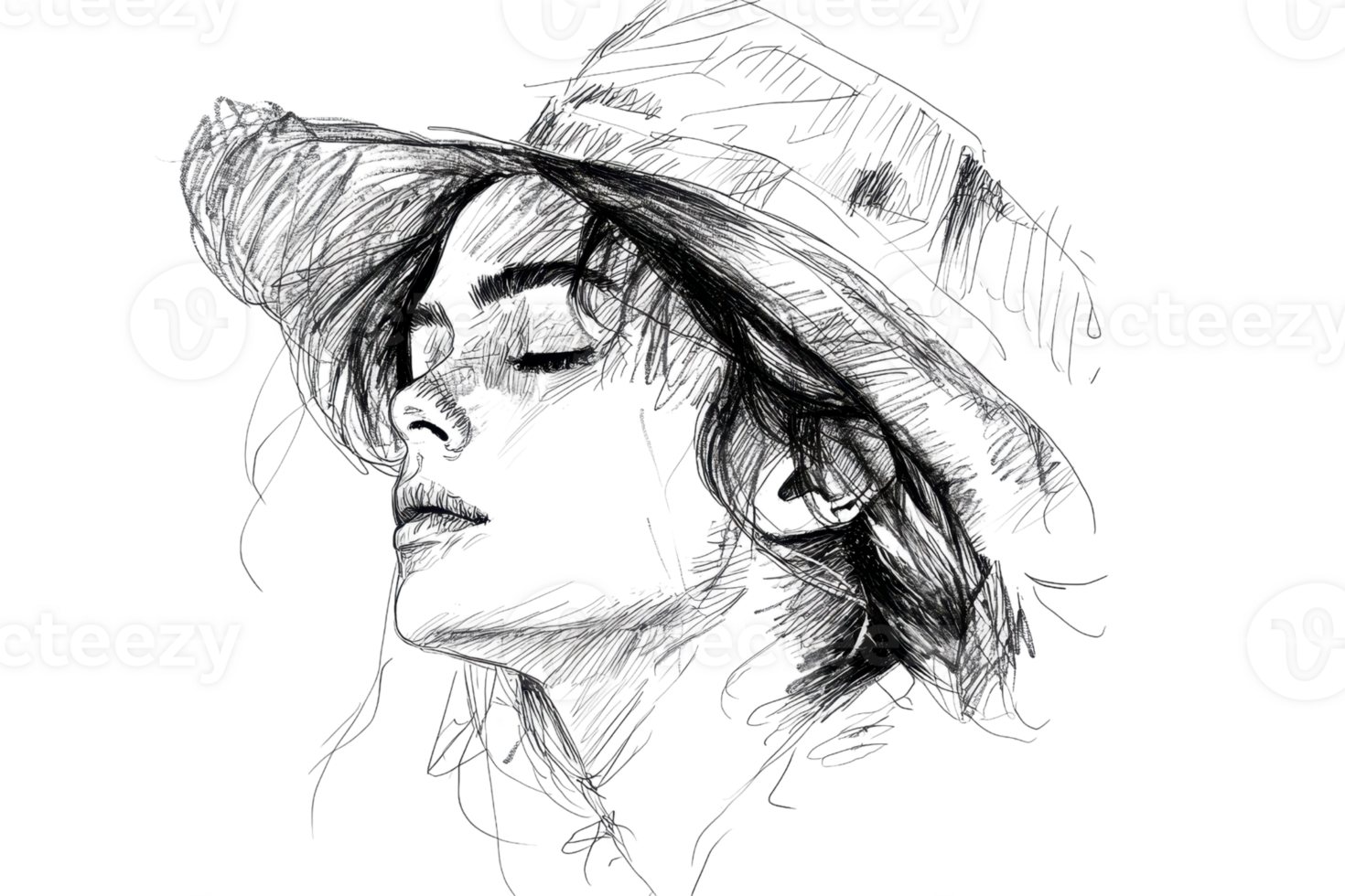 Abstract sketch of a woman's face with an artistic style, wearing a hat, emphasizing lines and shadows. png