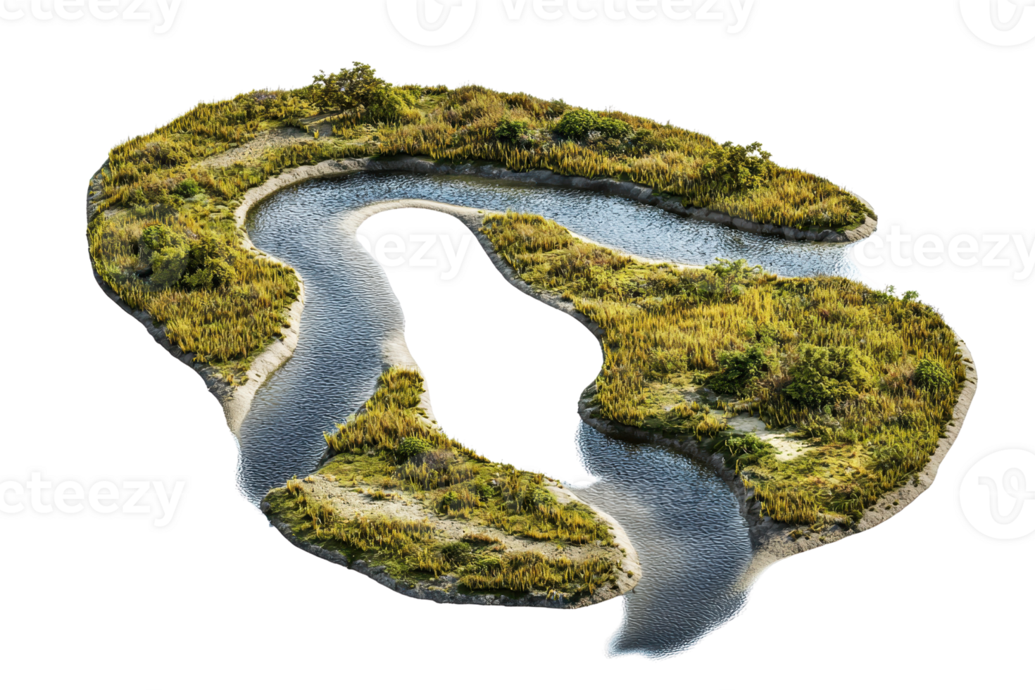 Aerial view of a winding river surrounded by lush greenery. Serene natural landscape perfect for nature and travel concepts. png