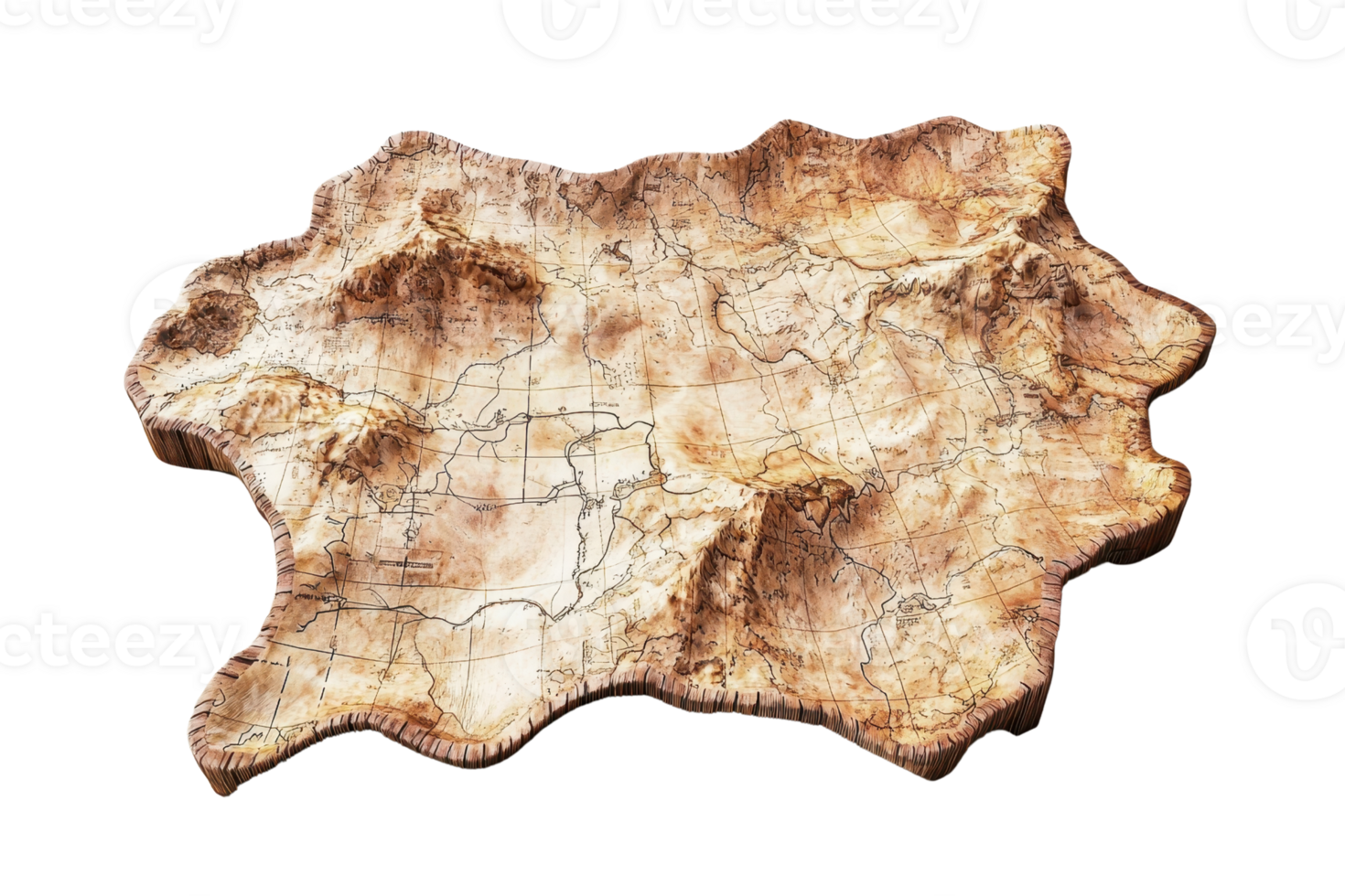 Ancient parchment map with detailed geographical features and terrain, representing an old, historical navigation or adventure tool. png